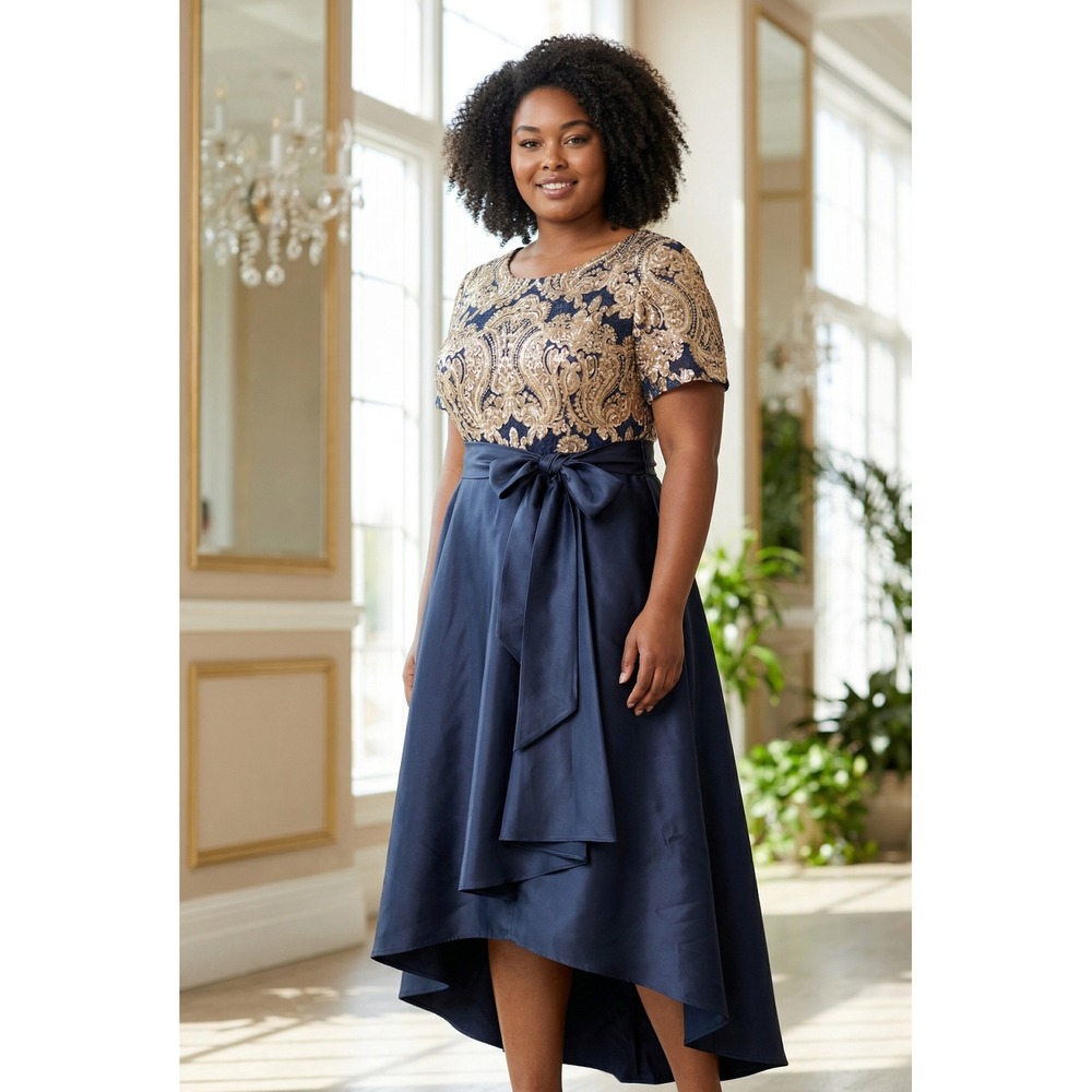 R&M Richards Womens 20W Navy Gold Sequin Paisley High-Low Evening Gown Dress
